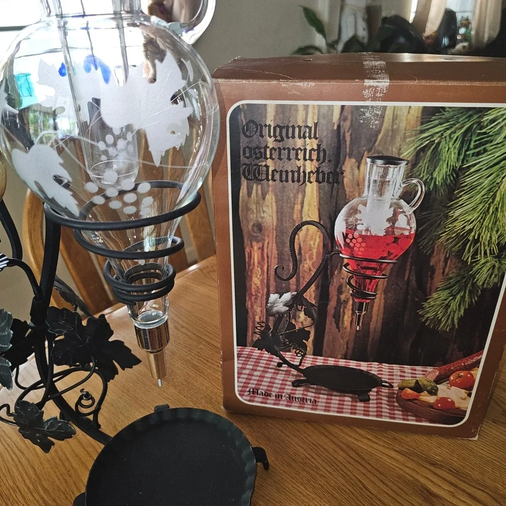 Vintage Austrian Made Etched Glass Wine Areator with Candle Stand